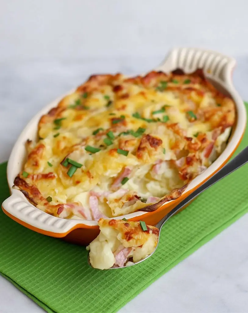 Gratin de chou-fleur, pommes de terre, fromage et jambon