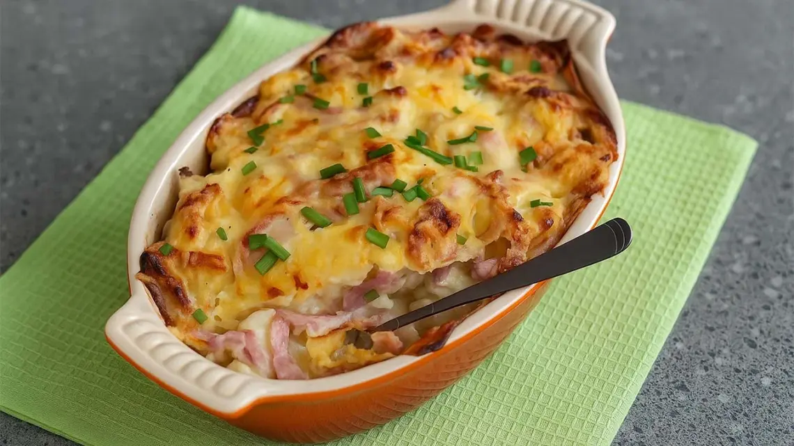 Gratin de chou-fleur, pommes de terre, fromage et jambon