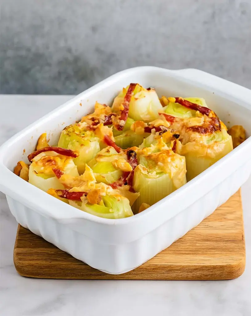 Gratin de poireaux gratinés avec du speck au four