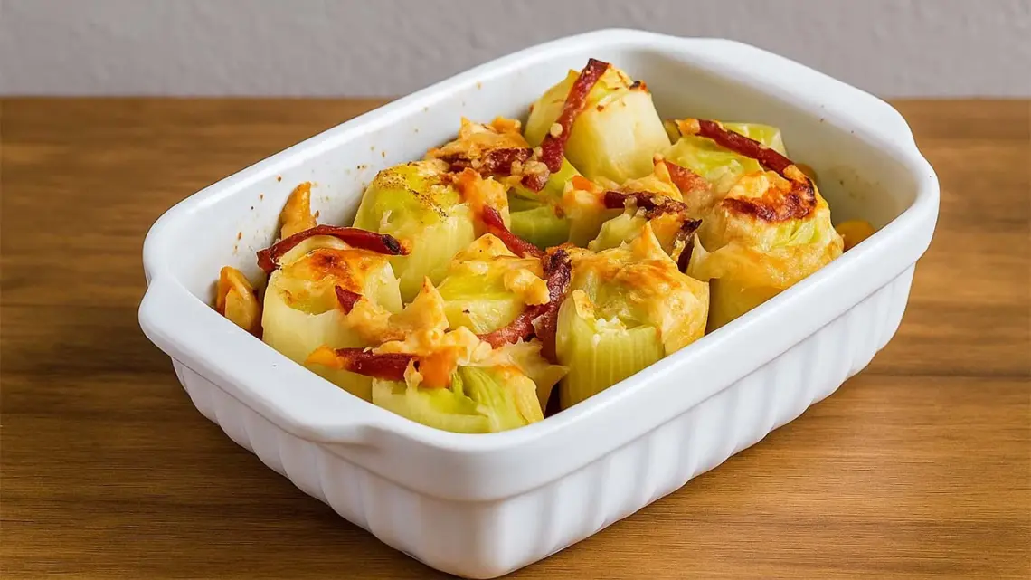 Gratin de poireaux gratinés avec du speck au four
