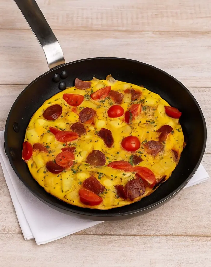 Omelette aux pommes de terre, tomates cerise et chorizo