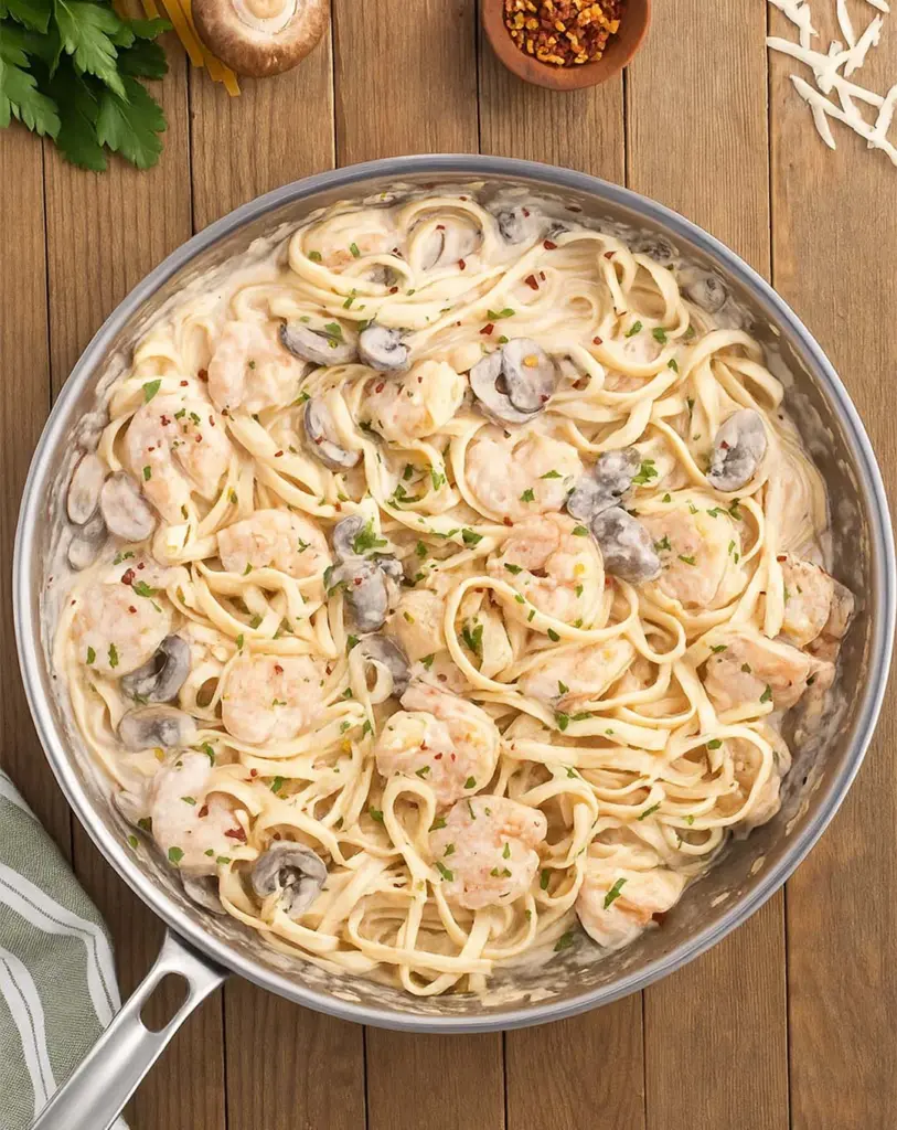 Pâtes crémeuses aux crevettes à l'ail