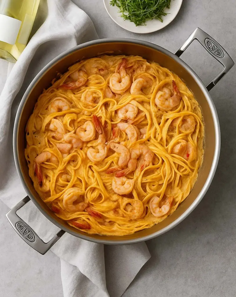 Spaghetti aux crevettes dans une sauce crémeuse tomate et vin blanc