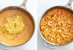Spaghetti aux crevettes dans une sauce crémeuse tomate et vin blanc