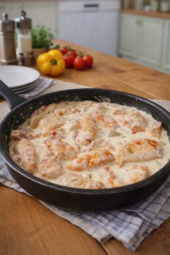 Émincés de Poulet Moutarde Lardons Champignons