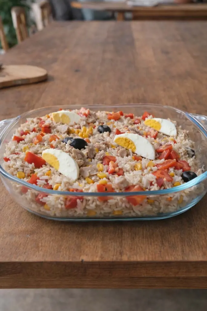 Salade de riz thon maïs tomate oeuf et olives