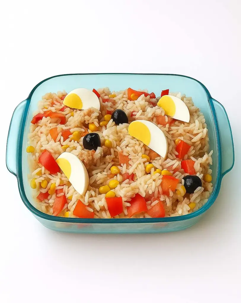 Salade de riz thon maïs tomate oeuf et olives