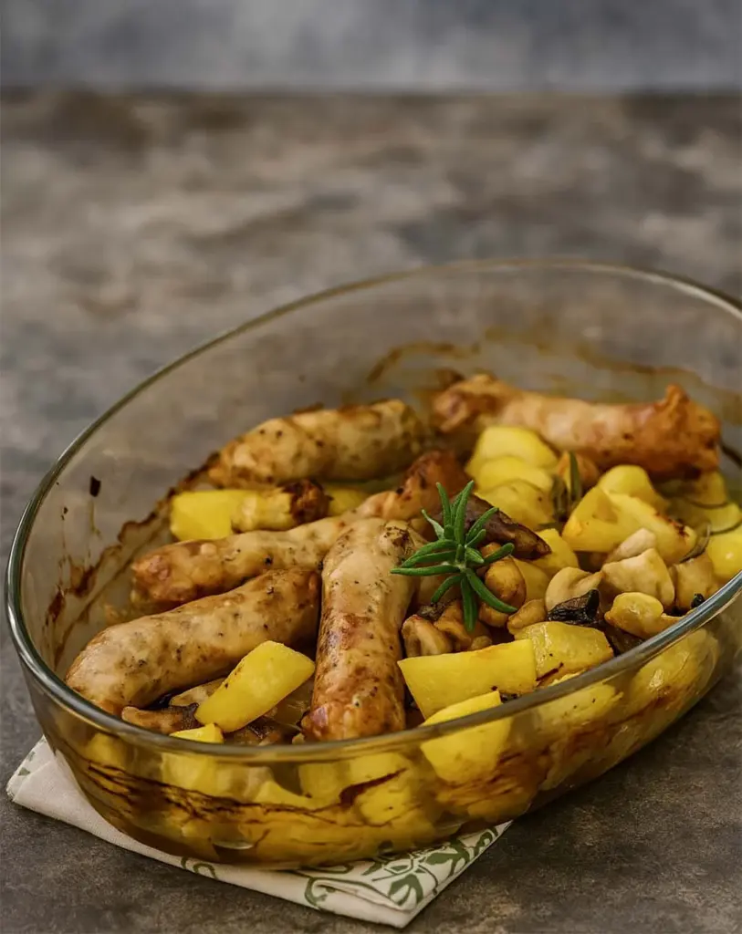 Saucisses champignons et pommes de terre au four