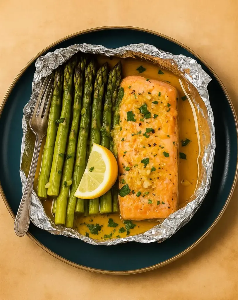 Saumon et asperges en papillote avec sauce citronnée à l’ail