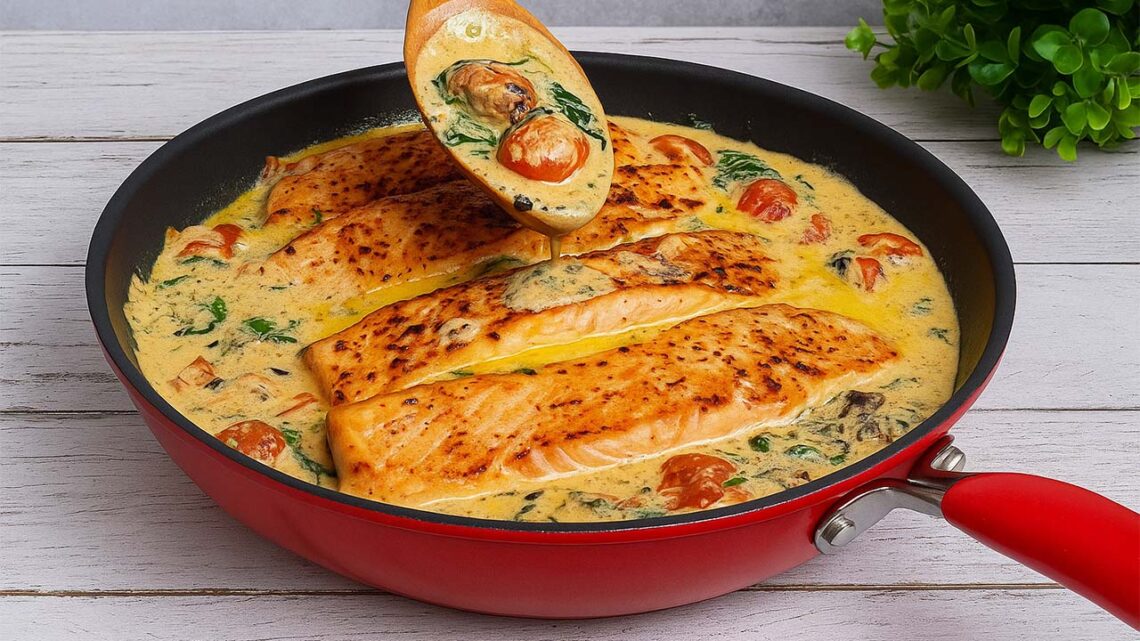 Saumon toscan crémeux à l’ail avec épinards et tomates séchées