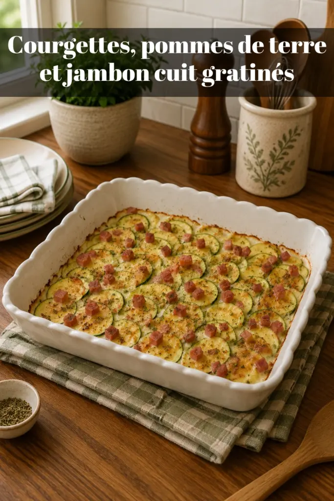Courgettes, pommes de terre et jambon cuit gratinés