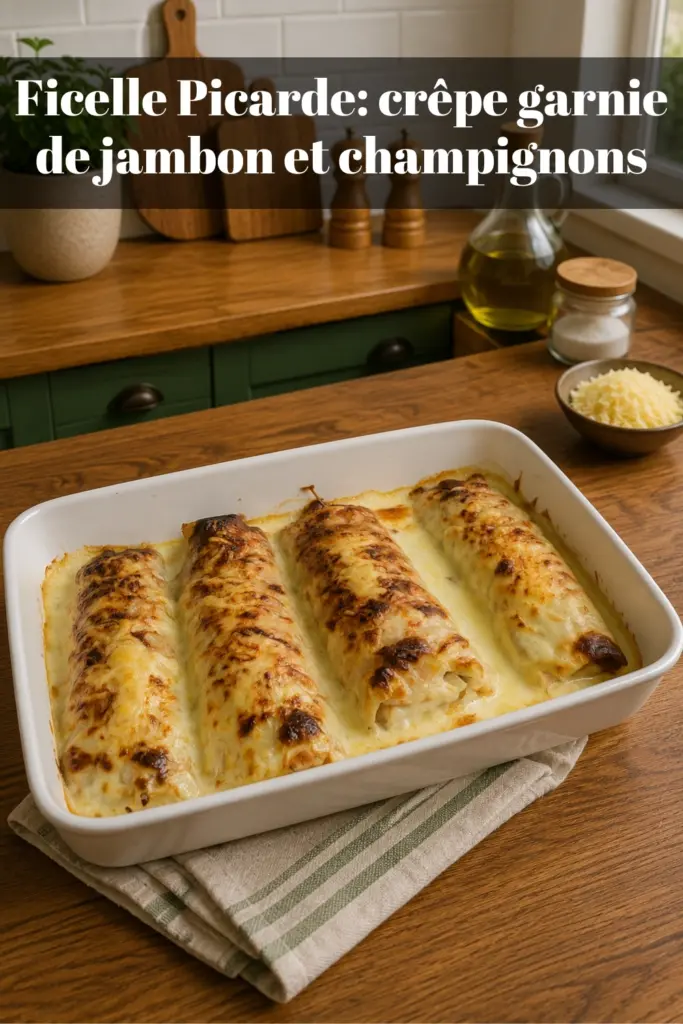 Ficelle Picarde: crêpe garnie de jambon et champignons