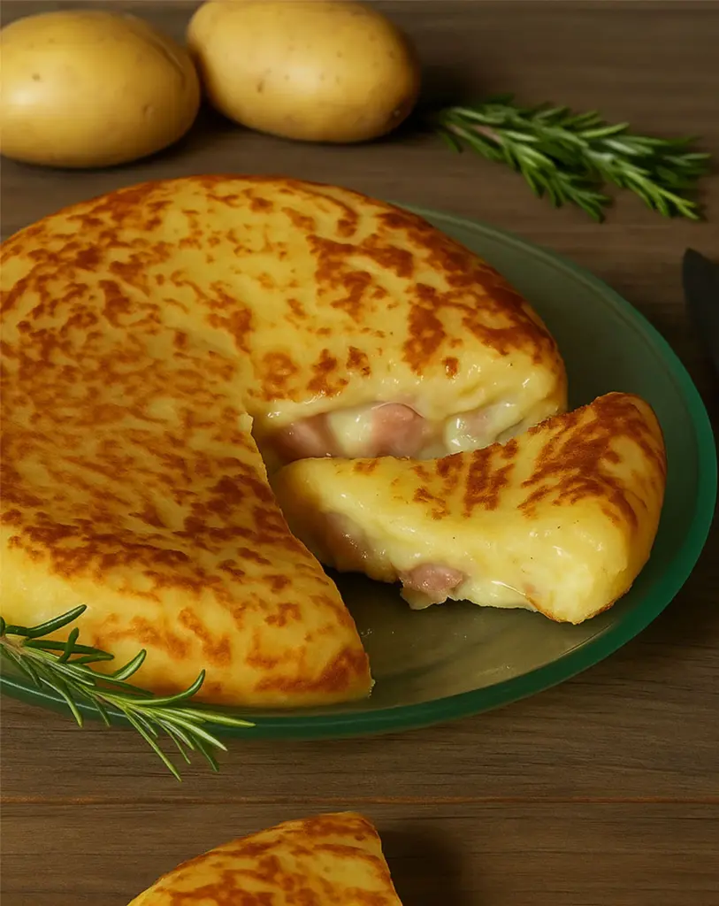 Gâteau de pommes de terre farcie dans une poêle