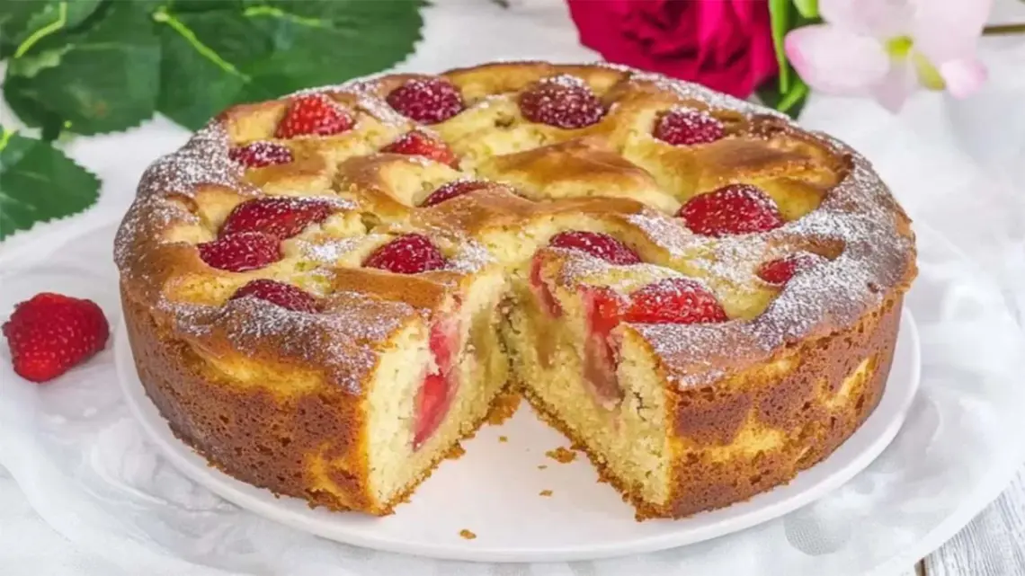 Gâteau facile à la rhubarbe et aux fraises