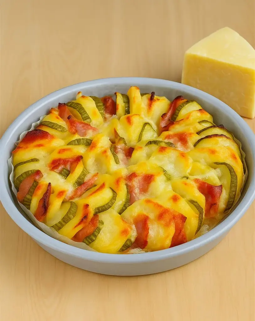 Plat de pommes de terre, courgettes, jambon et parmesan au four