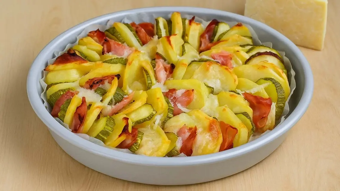 Plat de pommes de terre, courgettes, jambon et parmesan au four