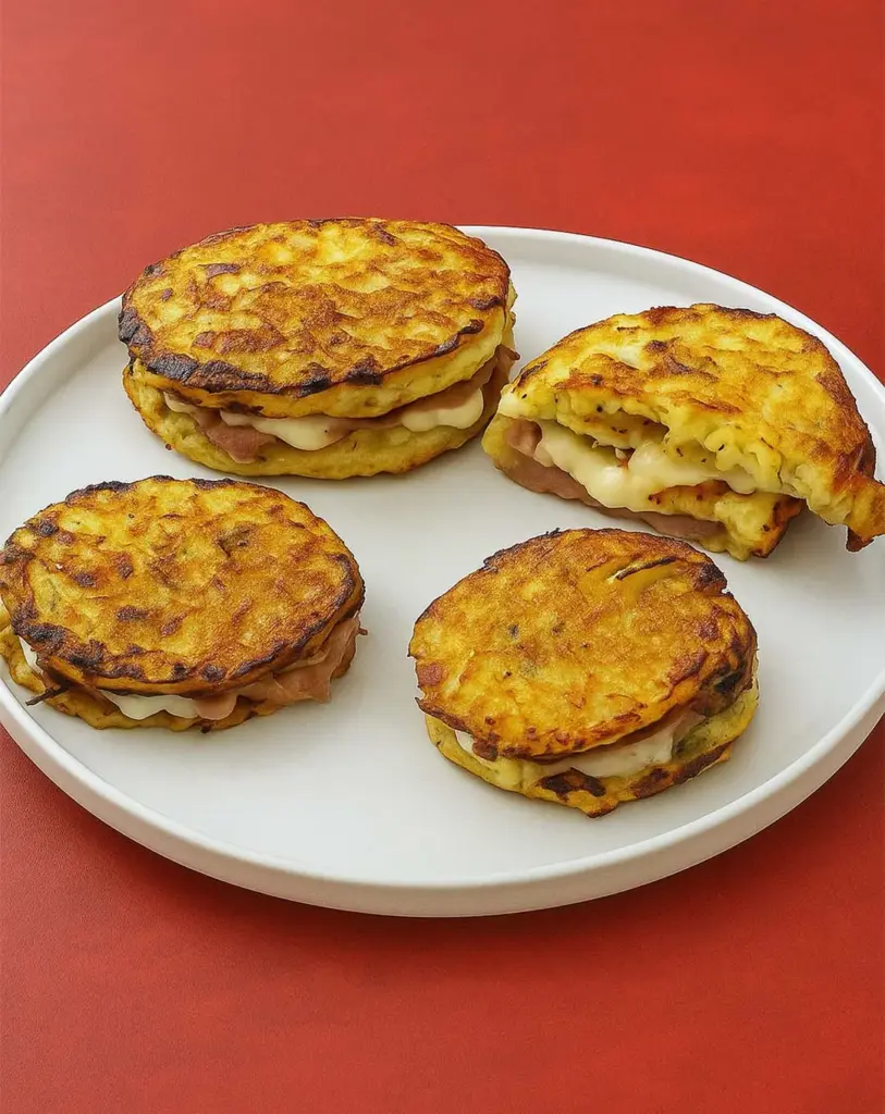 Rösti de pommes de terre fourrés au jambon cru et au fromage