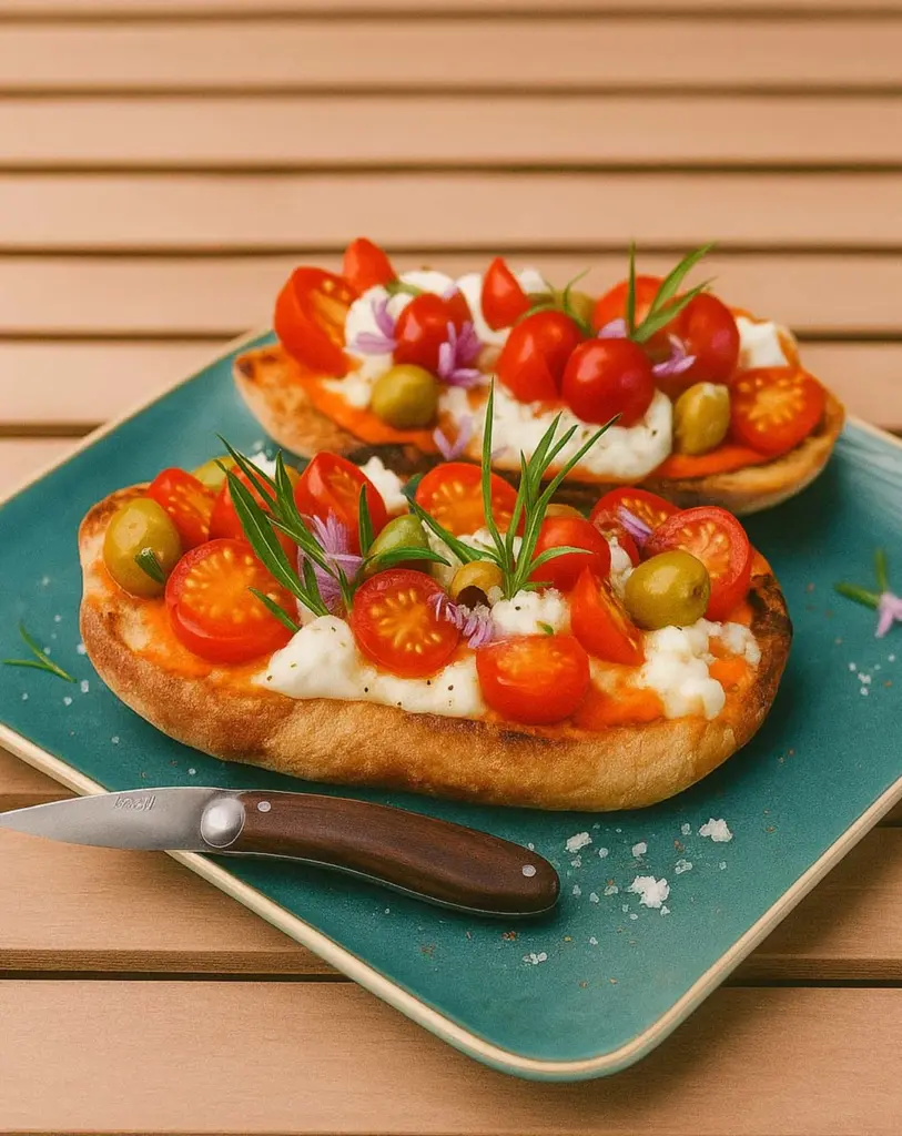 Bruschettas de mozzarella et crème de poivrons