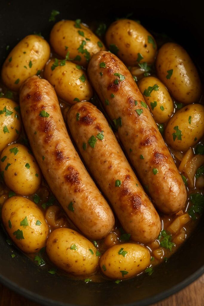 Saucisse campagnarde et ses rates en cocotte