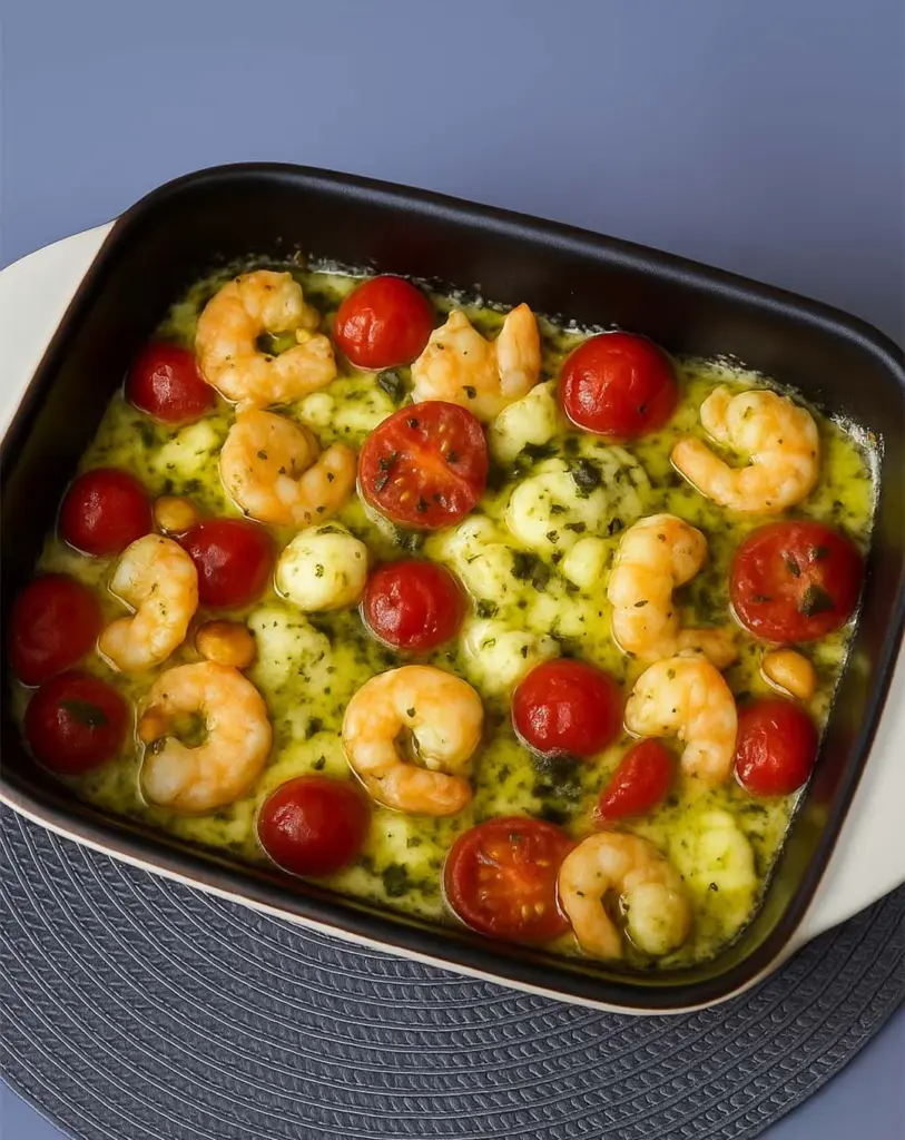 Scampis à l’ail, feta et tomates cerise au four