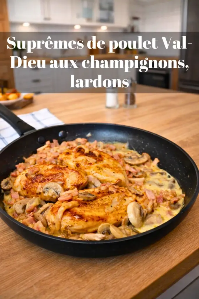 Suprêmes de poulet Val-Dieu aux champignons, lardons, échalotes et miel