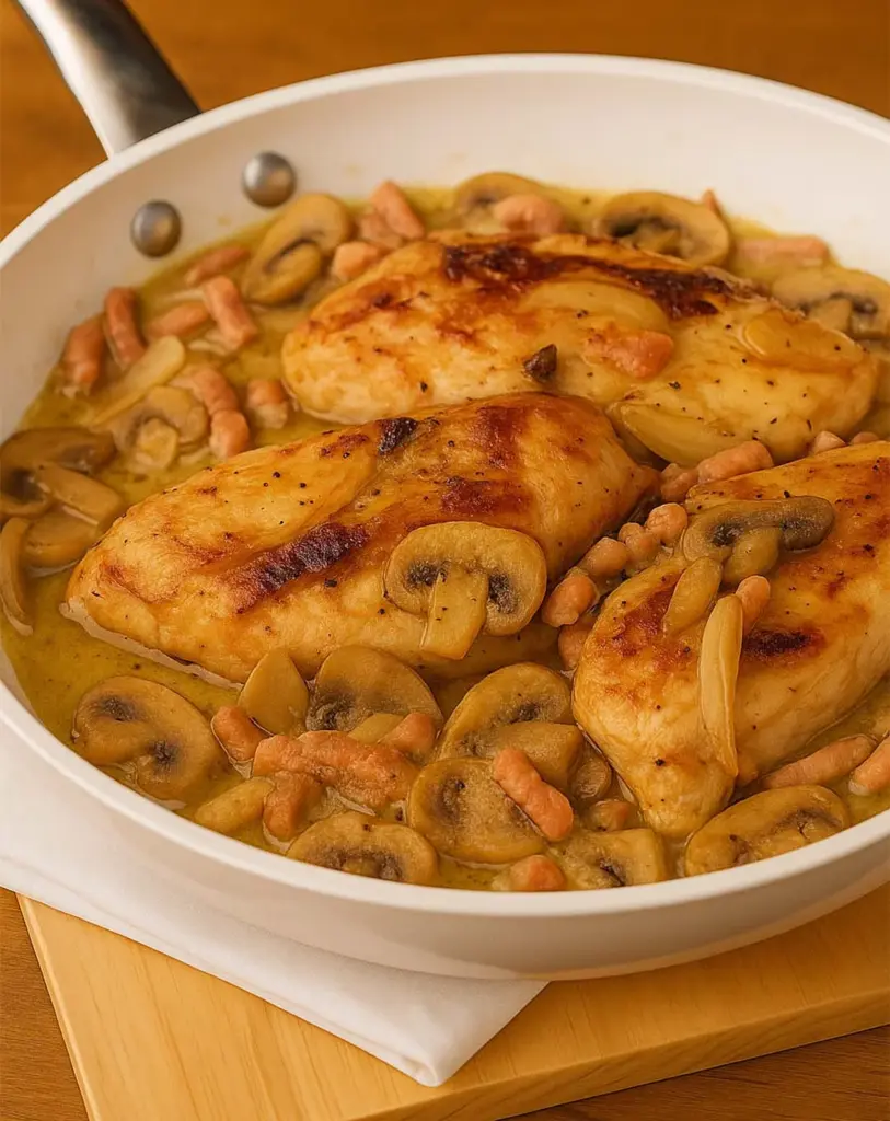 Suprêmes de poulet Val-Dieu aux champignons, lardons, échalotes et miel