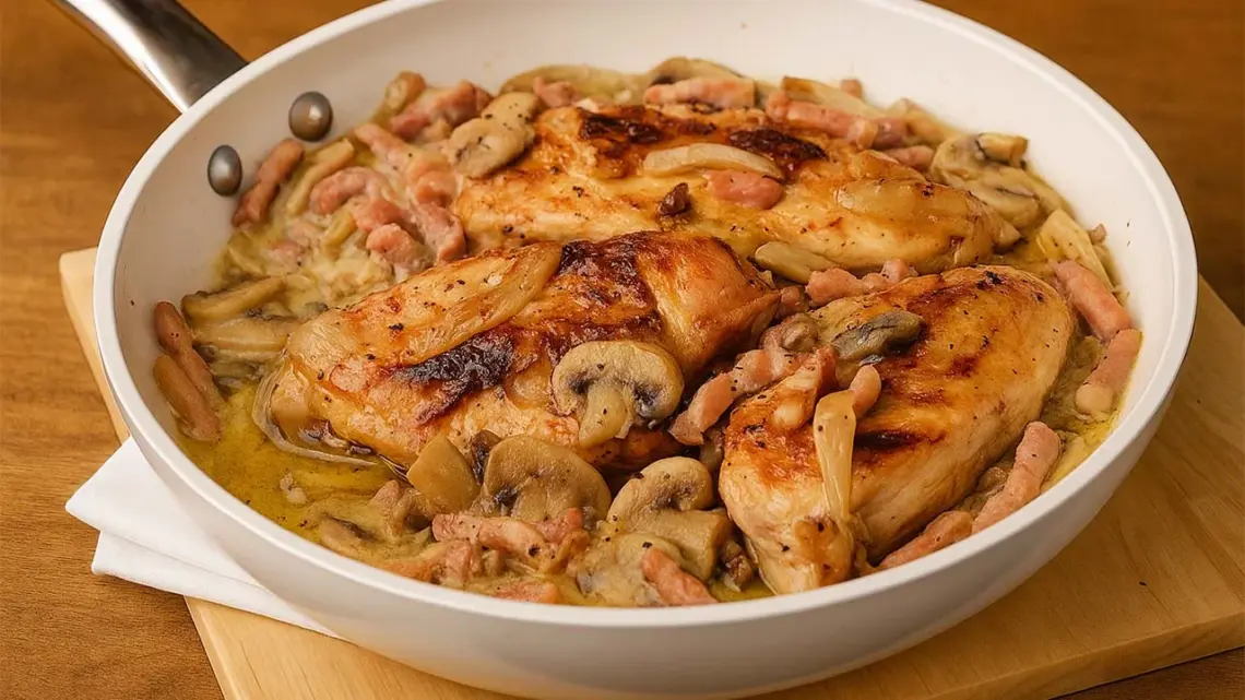 Suprêmes de poulet Val-Dieu aux champignons, lardons, échalotes et miel