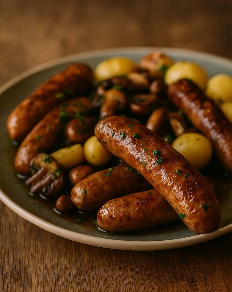Saucisses, Champignons et Pommes de Terre au Four : Une Recette Facile et Savoureuse
