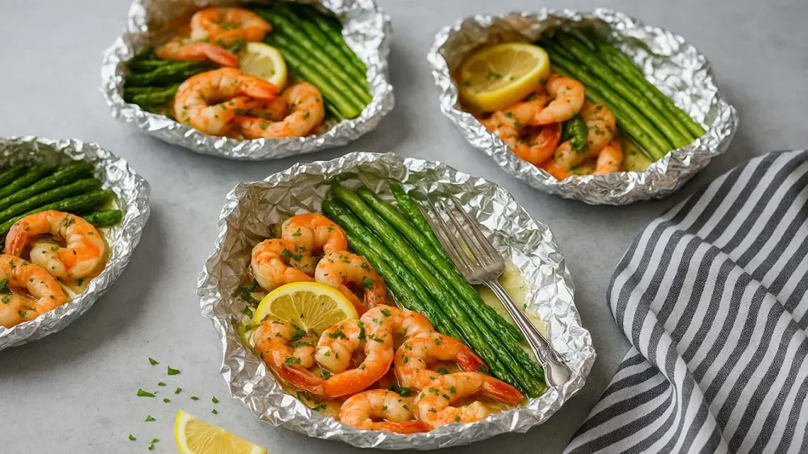 Crevettes et asperges en papillote avec sauce au beurre citronné à l'ail