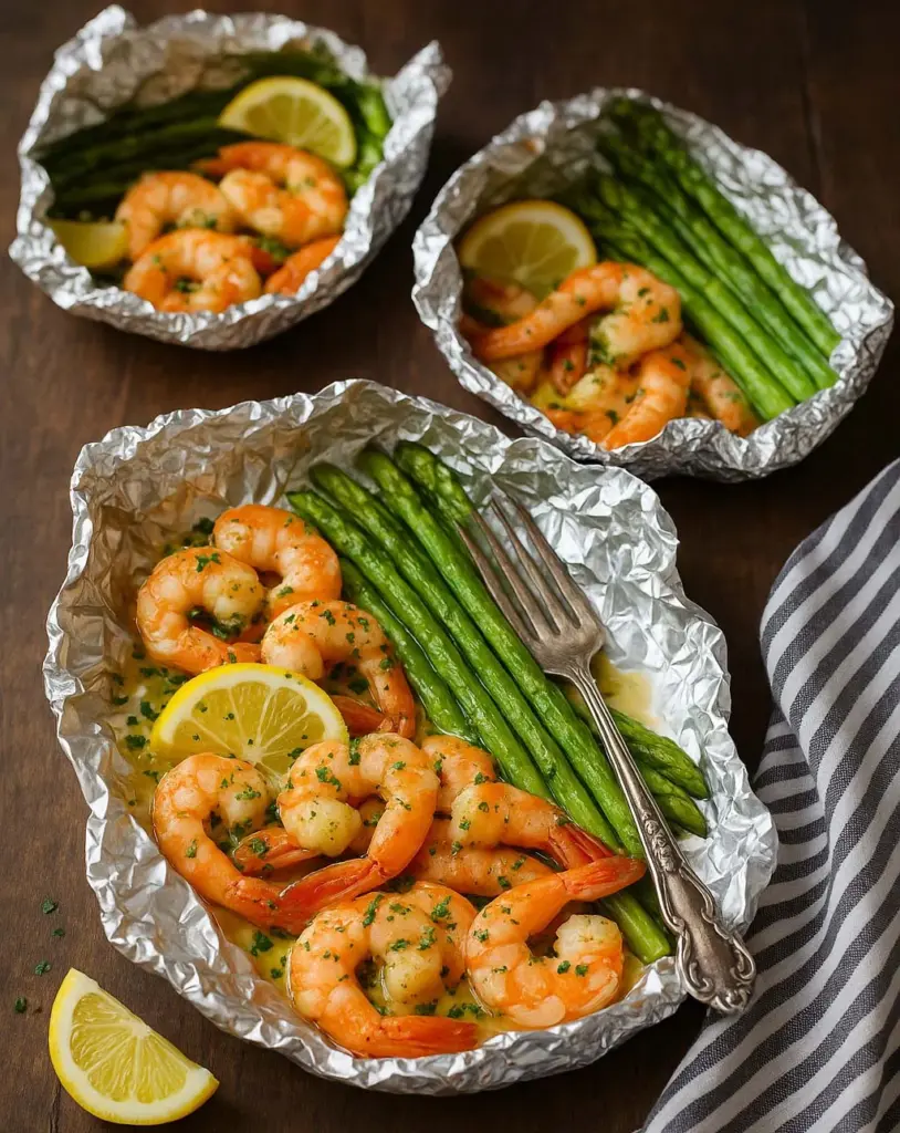 Crevettes et asperges en papillote avec sauce au beurre citronné à l'ail