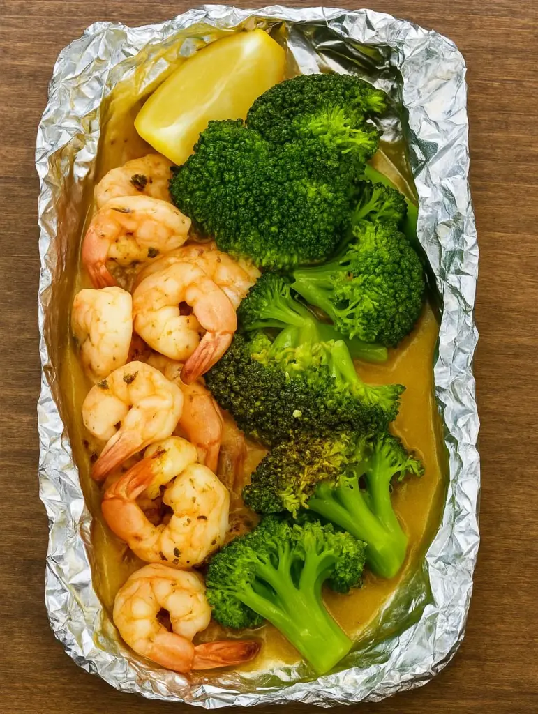 Crevettes et brocolis en papillote au beurre citron-ail