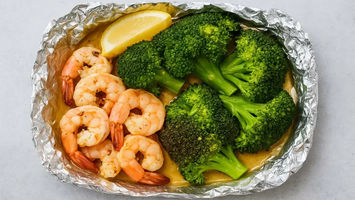 Crevettes et brocolis en papillote au beurre citron-ail