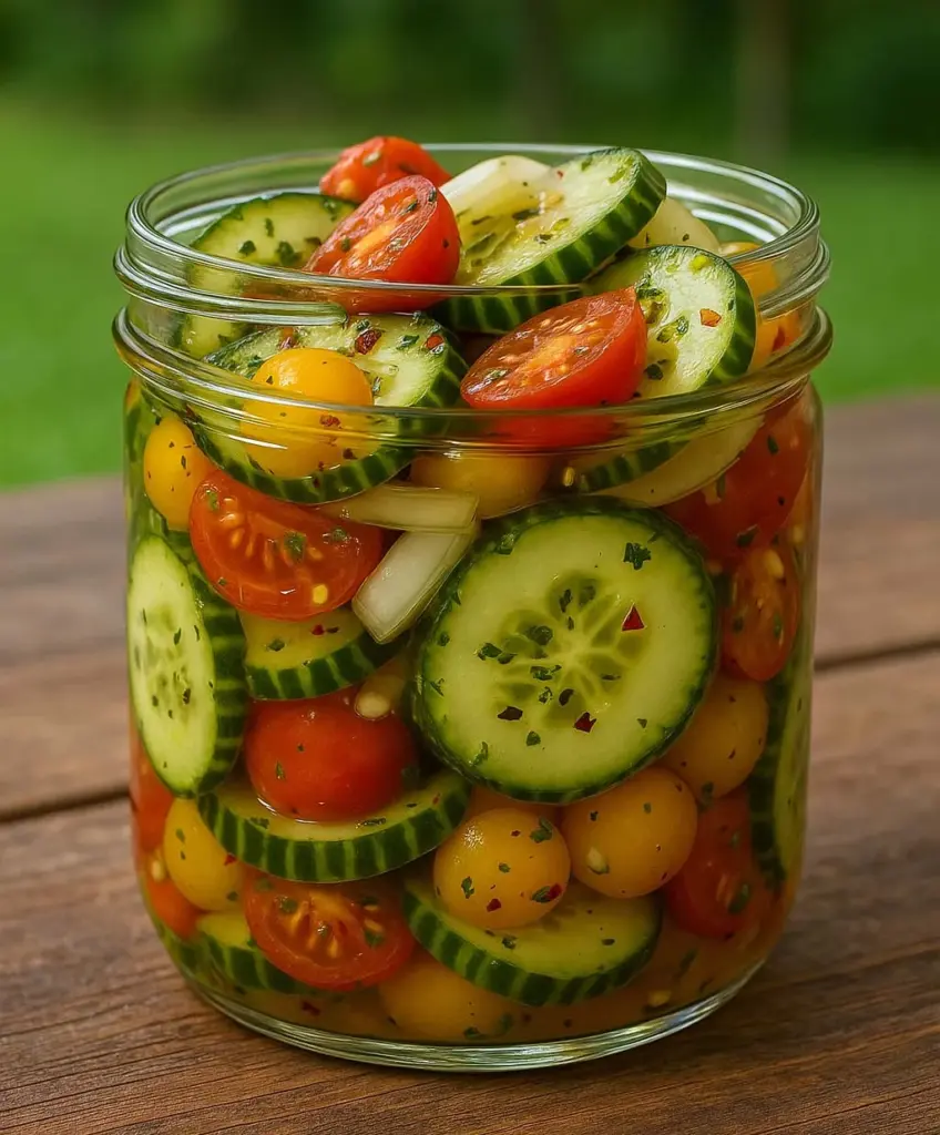 Salade de concombres, tomates cerises et oignons marinés
