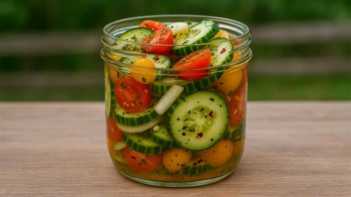 Salade de concombres, tomates cerises et oignons marinés