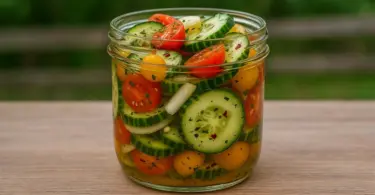 Salade de concombres, tomates cerises et oignons marinés