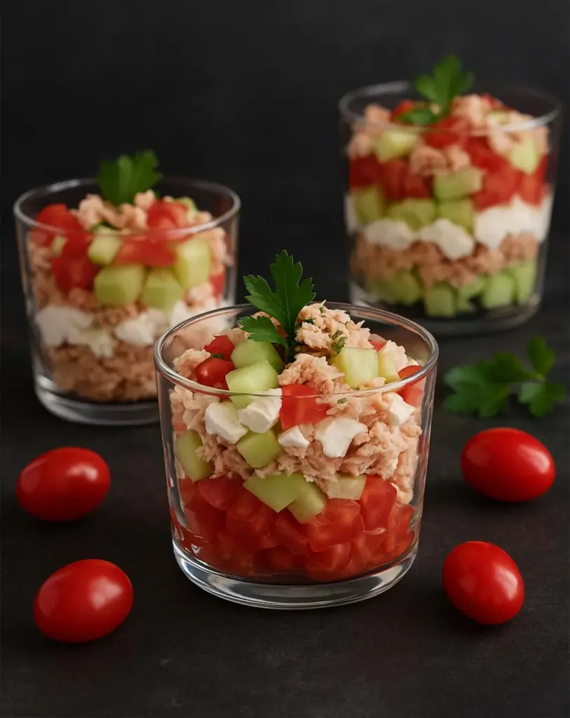 Verrine concombre feta tomate thon : entrée fraîche et facile à préparer