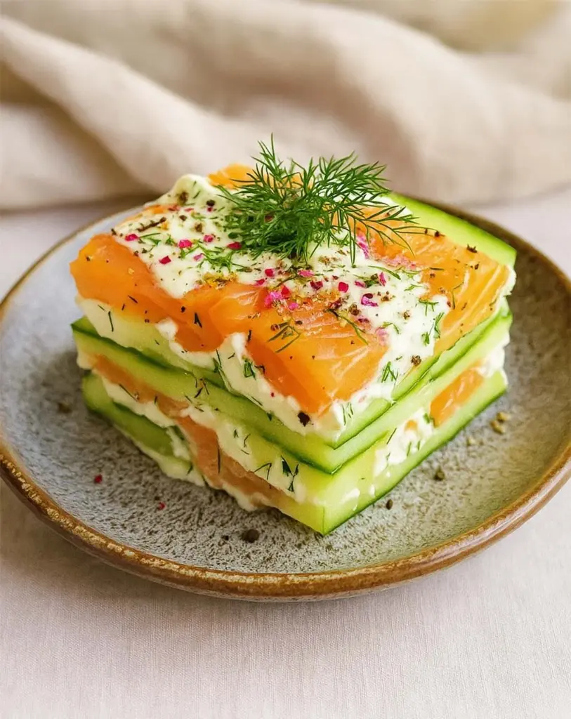 Lasagnes froides de concombre au saumon fumé : recette légère et sans cuisson