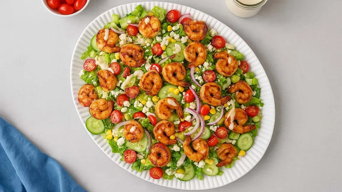 Salade de crevettes grillées, sauce légère au yaourt grec
