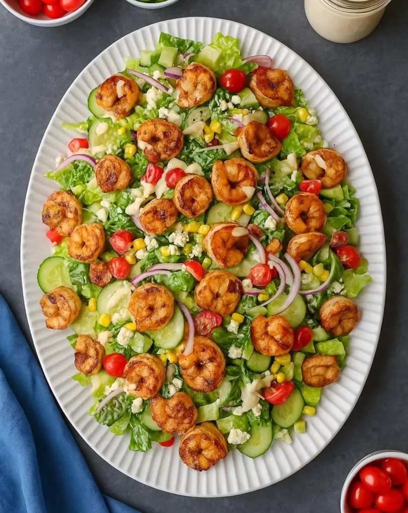 Salade de crevettes grillées, sauce légère au yaourt grec