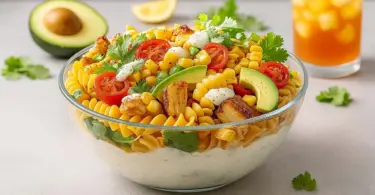 Salade de pâtes au poulet sauce BBQ et vinaigrette ranch maison