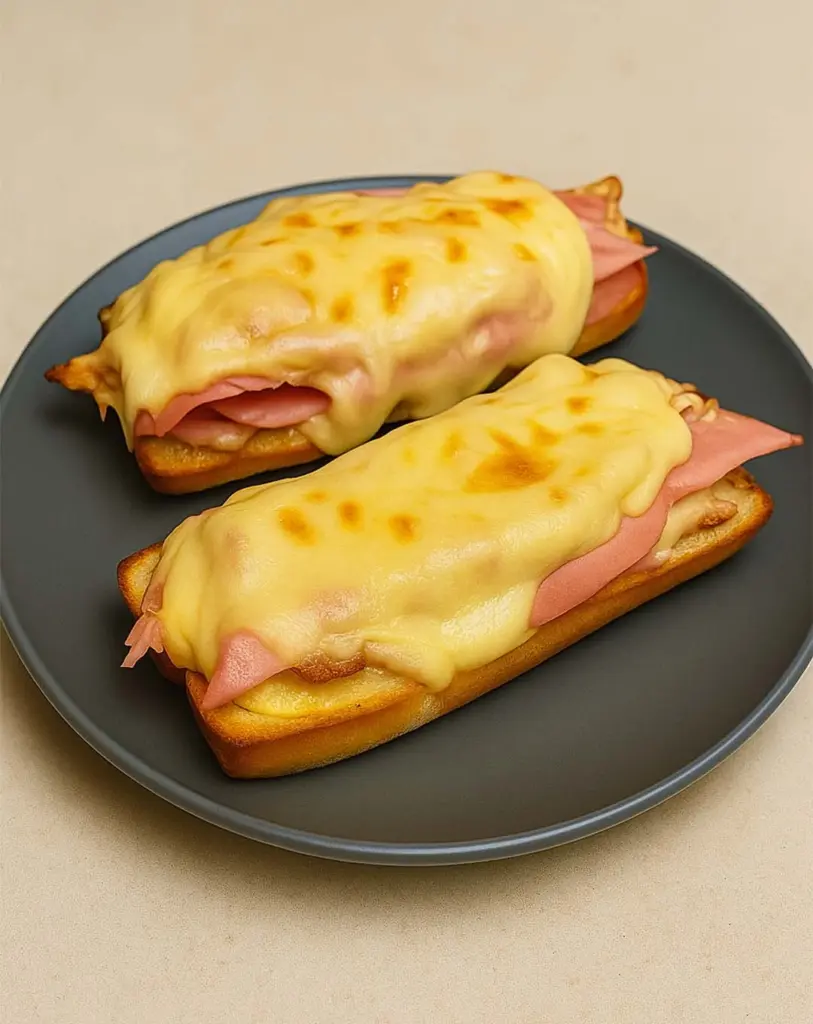 Baguette raclette gratinée au jambon et oignons caramélisés
