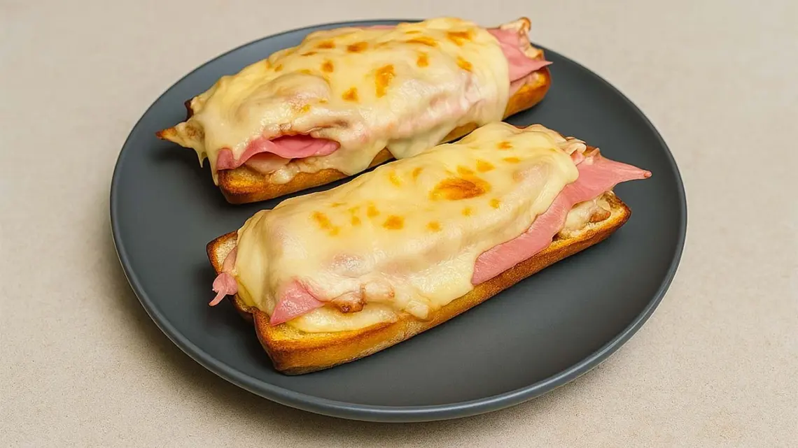 Baguette raclette gratinée au jambon et oignons caramélisés