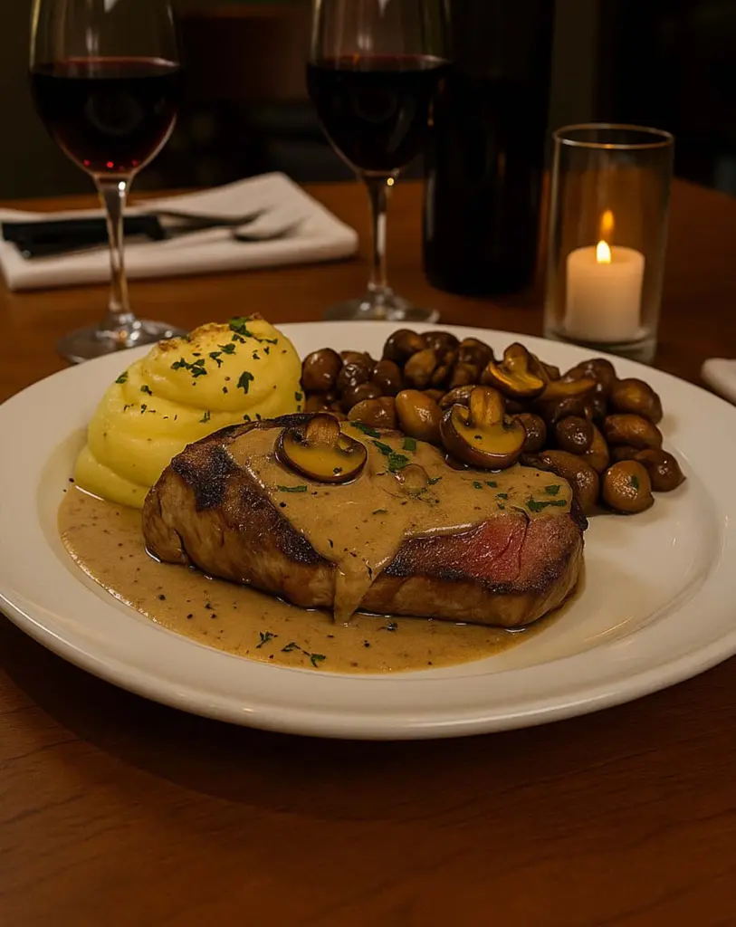Bifteck poêlé au beurre à l’ail et à la sauce crémeuse aux champignons