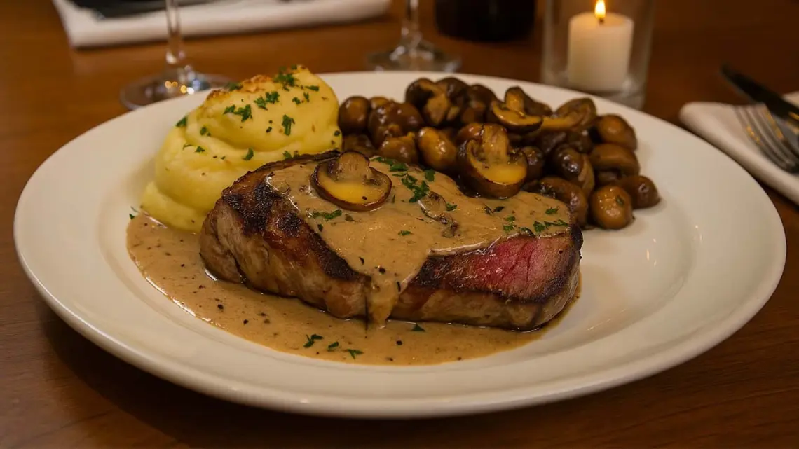 Bifteck poêlé au beurre à l’ail et à la sauce crémeuse aux champignons