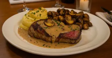 Bifteck poêlé au beurre à l’ail et à la sauce crémeuse aux champignons