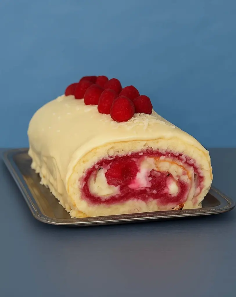 Bûche de Noël au mascarpone, chocolat blanc et framboises