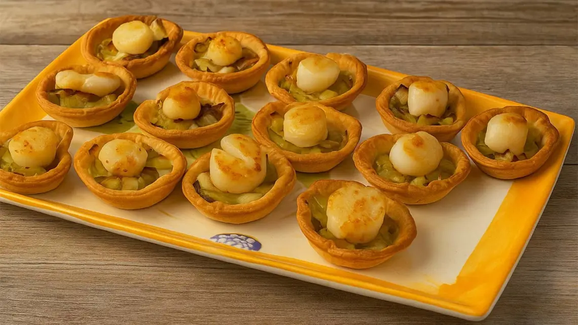 Mini-tartelettes à la fondue de poireaux et aux noix de Saint-Jacques