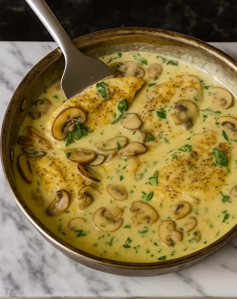 Poulet aux champignons avec une sauce crémeuse à l’ail et au parmesan