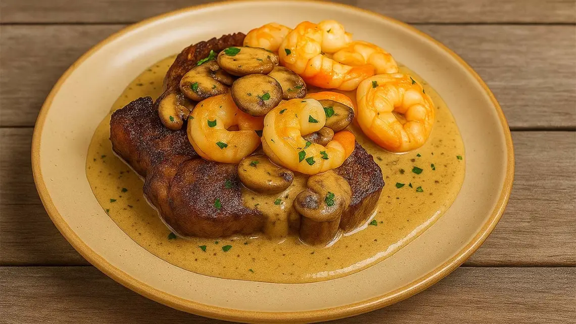 Steak et crevettes avec sauce crémeuse aux champignons