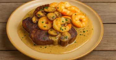 Steak et crevettes avec sauce crémeuse aux champignons